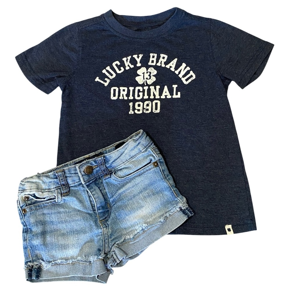Lucky Brand Girls 4T Riley Denim Shorts & Graphic Tee Summer Casual